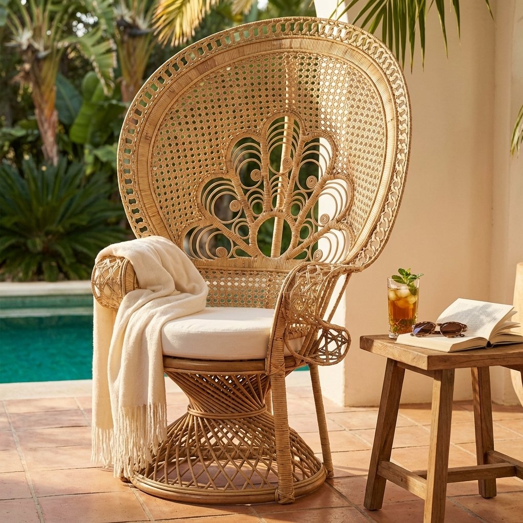 Poltrona in Rattan Intrecciato con Schienale a Ventaglio e Cuscini 147x105x68 cm - WILELIA Poltrona in Rattan Intrecciato con Schienale a Ventaglio e Cuscini 147x105x68 cm - WILELIA