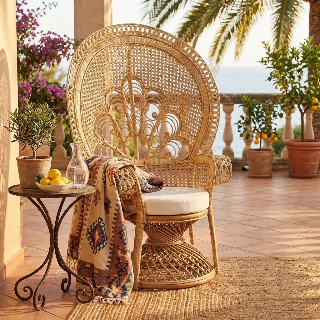 Poltrona in Rattan Intrecciato con Schienale a Ventaglio e Cuscini 147x105x68 cm - WILELIA Poltrona in Rattan Intrecciato con Schienale a Ventaglio e Cuscini 147x105x68 cm - WILELIA