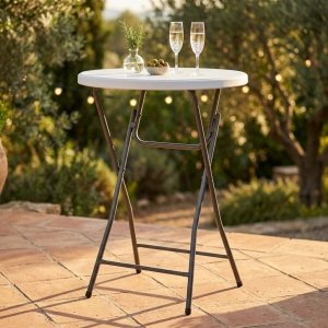 Tavolo alto pieghevole rotondo da catering Ø 60 x 110 h cm, piano ABS bianco - ULONZIO