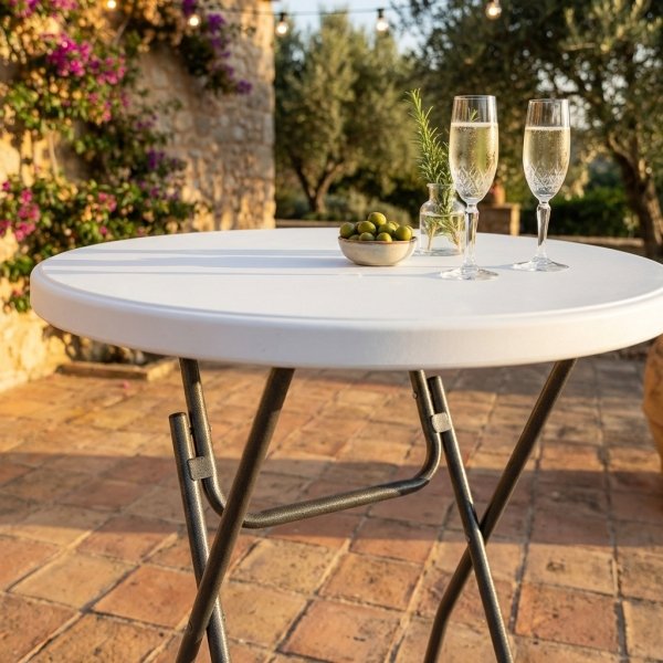 Tavolo alto pieghevole rotondo da catering Ø 60 x 110 h cm, piano ABS bianco - ULONZIO
