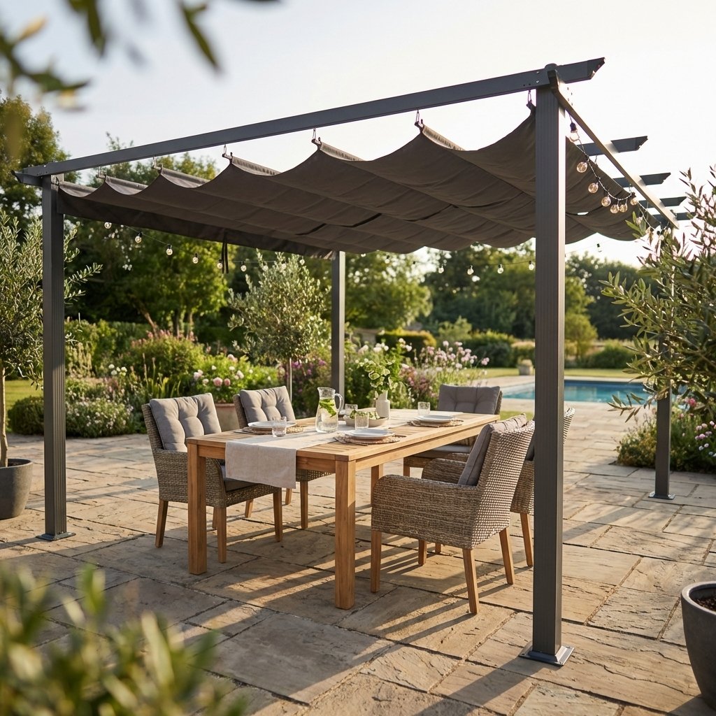 Pergola da giardino in alluminio antracite con telo retrattile 396x396x230 cm - BELEVEX Pergola da giardino in alluminio antracite con telo retrattile 396x396x230 cm - BELEVEX