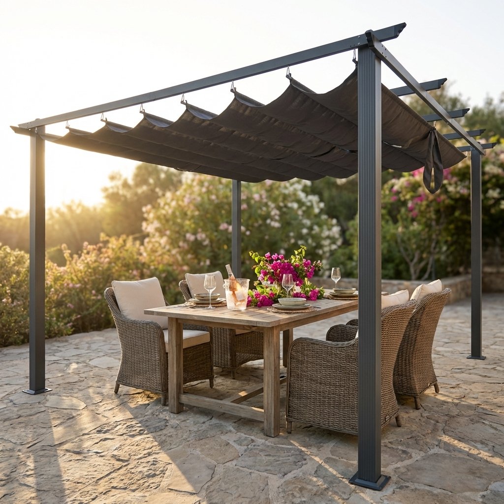 Pergola da giardino in alluminio antracite con telo retrattile 396x396x230 cm - BELEVEX Pergola da giardino in alluminio antracite con telo retrattile 396x396x230 cm - BELEVEX