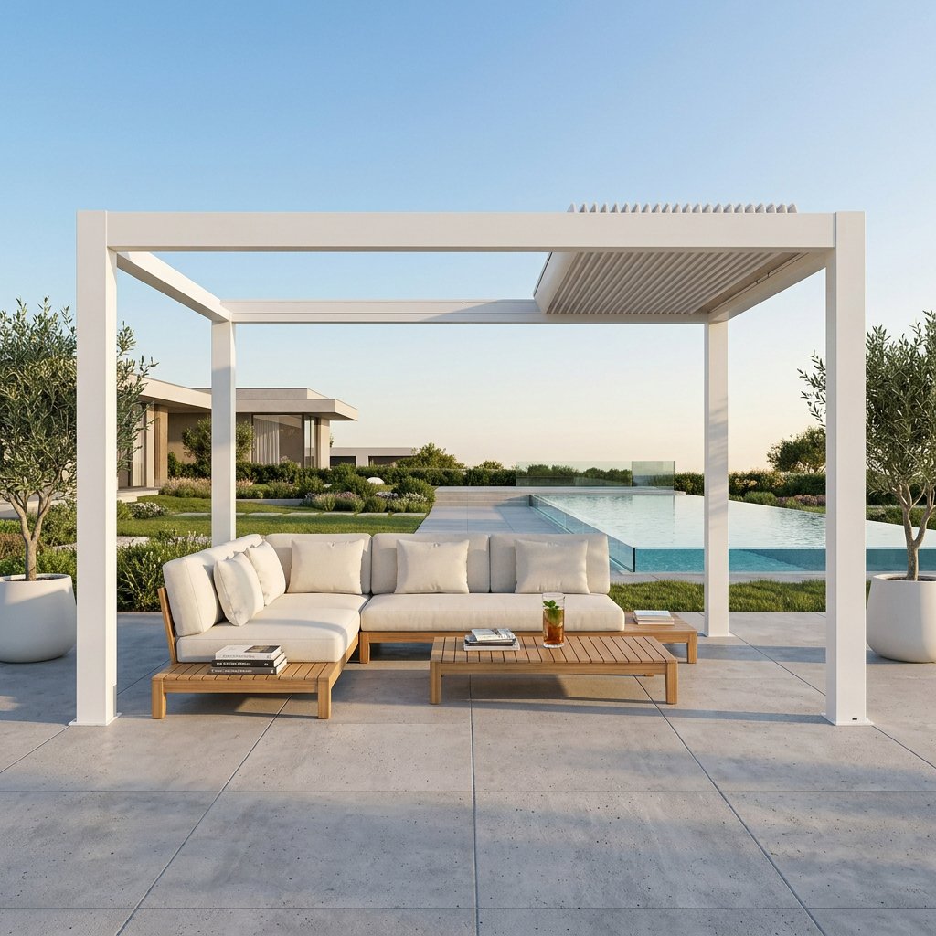 Pergola Bioclimatica in Alluminio con Lamelle Orientabili Motorizzate 400x400x250 cm - ELUNMIRA Pergola Bioclimatica in Alluminio con Lamelle Orientabili Motorizzate 400x400x250 cm - ELUNMIRA