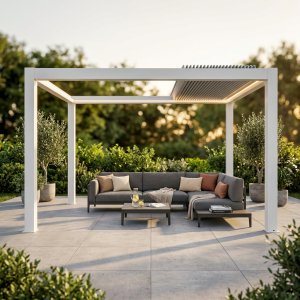 Pergola Bioclimatica in Alluminio con Lamelle Orientabili Motorizzate 400x400x250 cm - ELUNMIRA Pergola Bioclimatica in Alluminio con Lamelle Orientabili Motorizzate 400x400x250 cm - ELUNMIRA