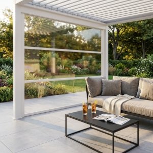 Parete laterale in PVC trasparente ad azionamento manuale per pergola bioclimatica 370x238 cm - ISULVEX Parete laterale in PVC trasparente ad azionamento manuale per pergola bioclimatica 370x238 cm - ISULVEX