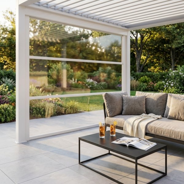 Parete laterale in PVC trasparente ad azionamento manuale per pergola bioclimatica 370x238 cm - ISULVEX