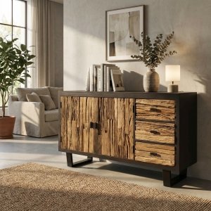Credenza rustica in legno con 2 ante e 3 cassetti 160x40x85 cm - RALONRIEL Credenza rustica in legno con 2 ante e 3 cassetti 160x40x85 cm - RALONRIEL