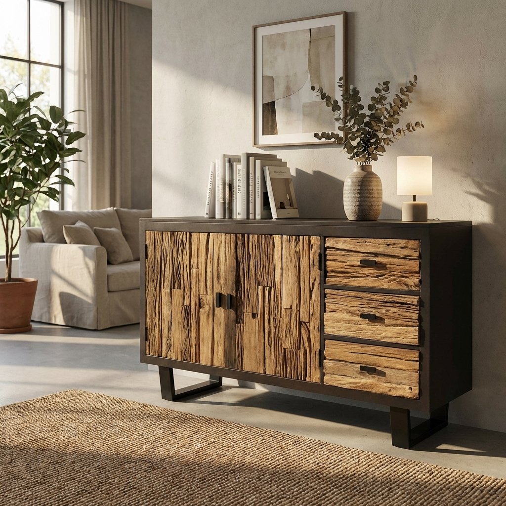 Credenza rustica in legno con 2 ante e 3 cassetti 160x40x85 cm - RALONRIEL Credenza rustica in legno con 2 ante e 3 cassetti 160x40x85 cm - RALONRIEL