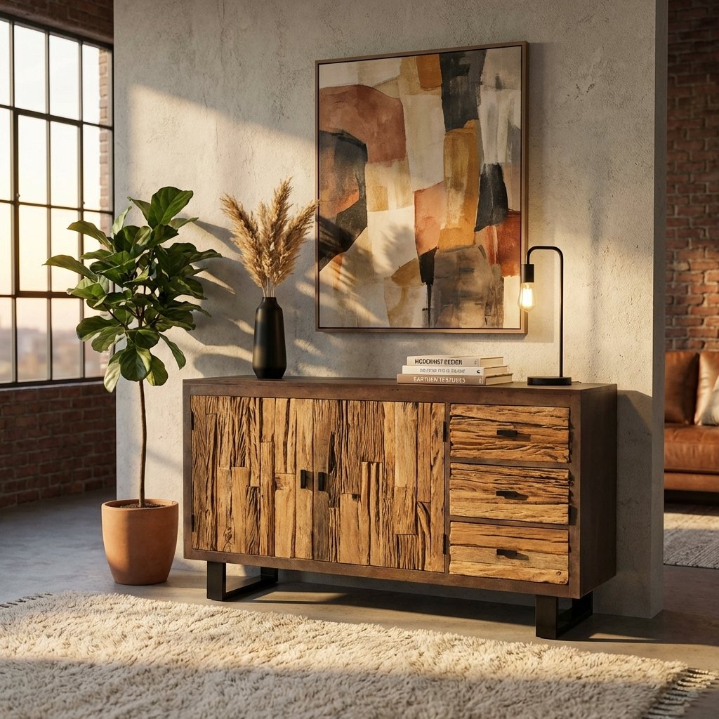 Credenza rustica in legno con 2 ante e 3 cassetti 160x40x85 cm - RALONRIEL Credenza rustica in legno con 2 ante e 3 cassetti 160x40x85 cm - RALONRIEL