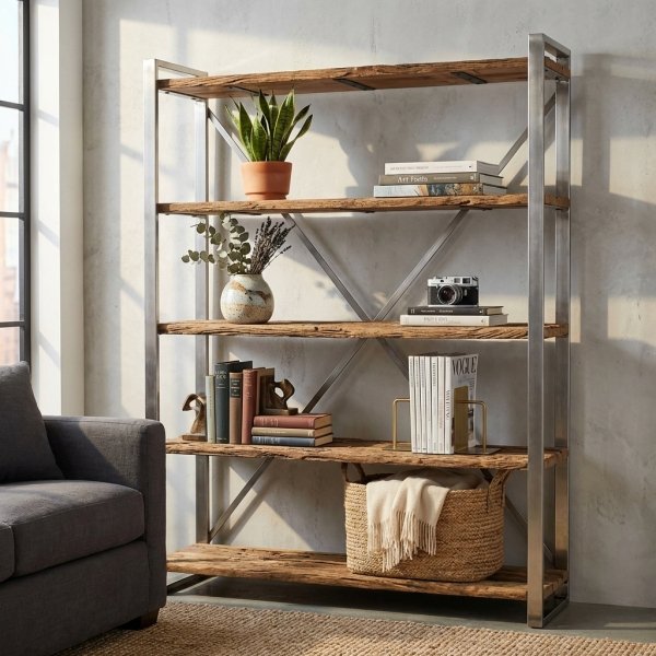 Libreria industriale a 5 ripiani in legno e metallo 118x37x218 cm - FALATIS