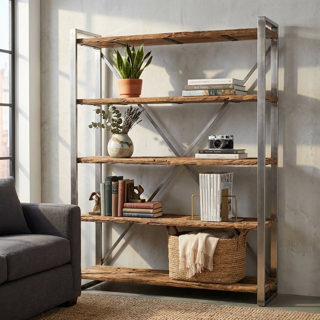 Libreria industriale a 5 ripiani in legno e metallo 118x37x218 cm - FALATIS Libreria industriale a 5 ripiani in legno e metallo 118x37x218 cm - FALATIS
