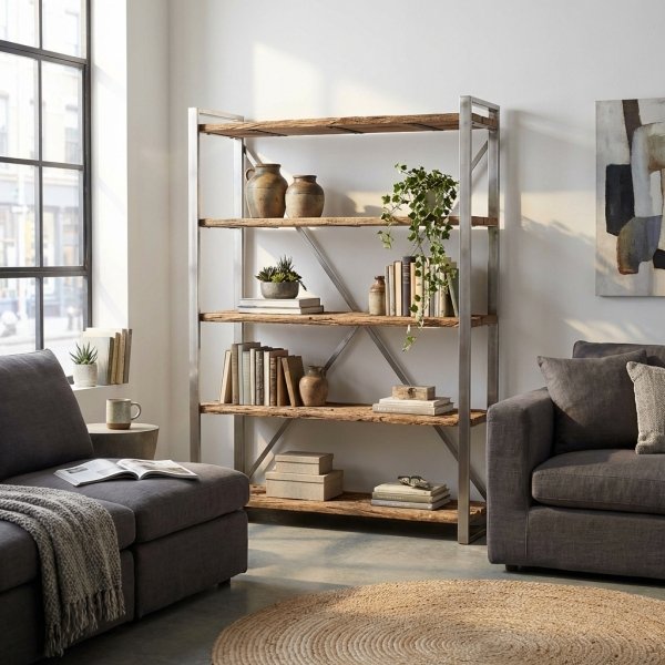 Libreria industriale a 5 ripiani in legno e metallo 118x37x218 cm - FALATIS