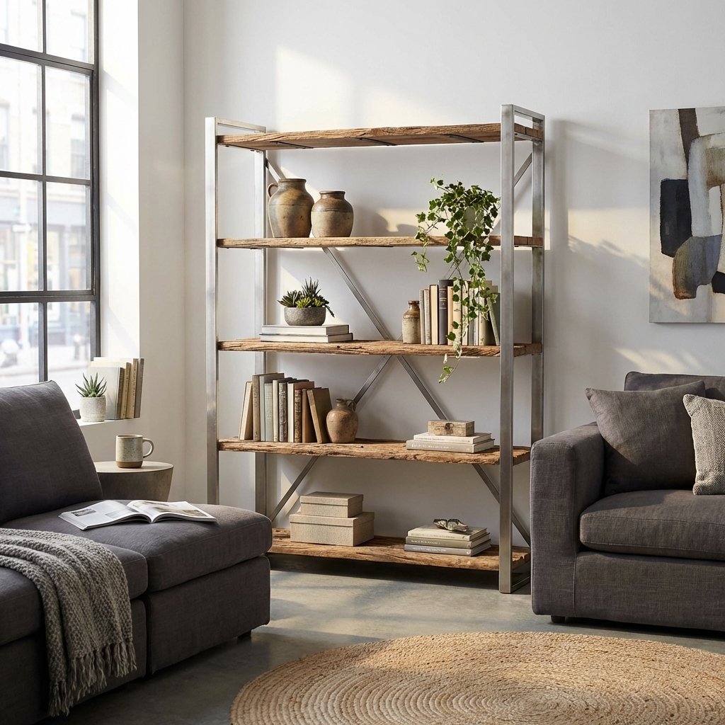 Libreria industriale a 5 ripiani in legno e metallo 118x37x218 cm - FALATIS Libreria industriale a 5 ripiani in legno e metallo 118x37x218 cm - FALATIS