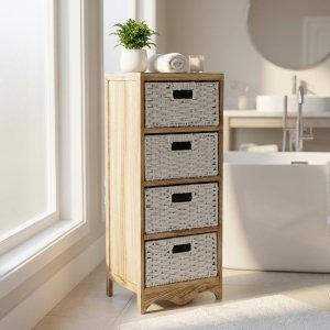 Cassettiera in legno con 4 cassetti in vimini intrecciato 35x30x84 cm - FALERNOR