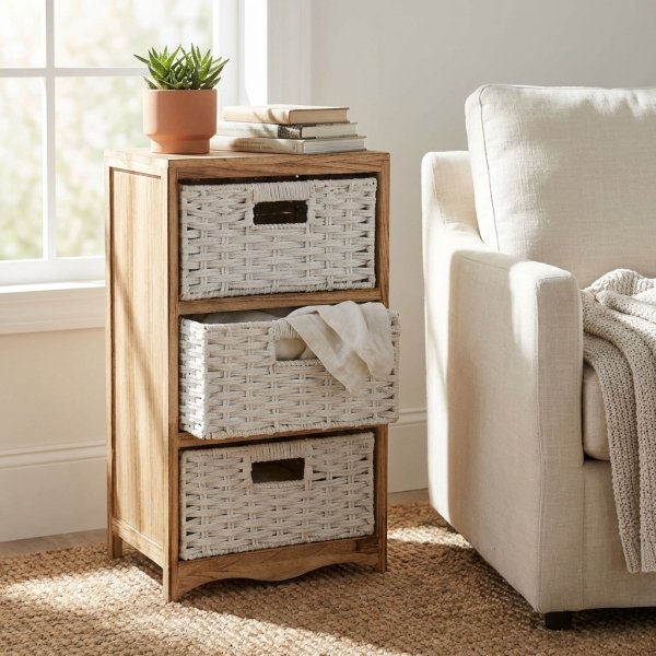 Mobiletto in Legno con 3 Cassetti in Vimini Intrecciato 35x30x62 cm - FALERNOR