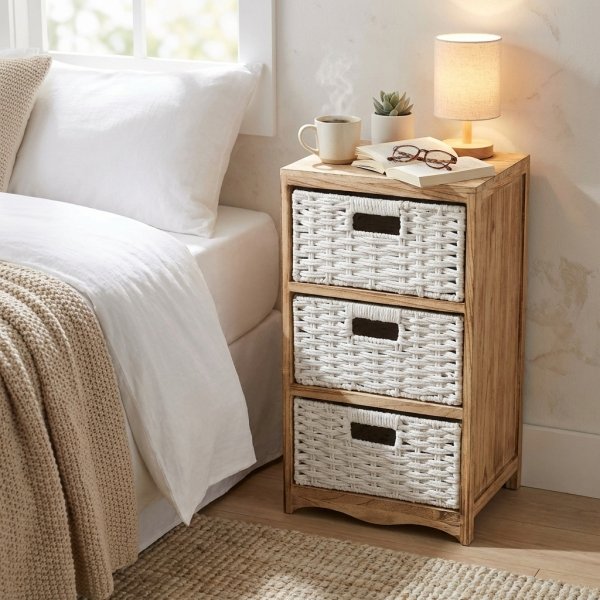 Mobiletto in Legno con 3 Cassetti in Vimini Intrecciato 35x30x62 cm - FALERNOR
