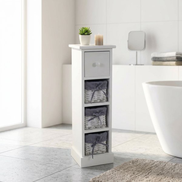 Cassettiera stretta 4 cassetti in legno bianco shabby chic 21x21x70 cm - FENRIS