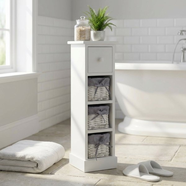 Cassettiera stretta 4 cassetti in legno bianco shabby chic 21x21x70 cm - FENRIS