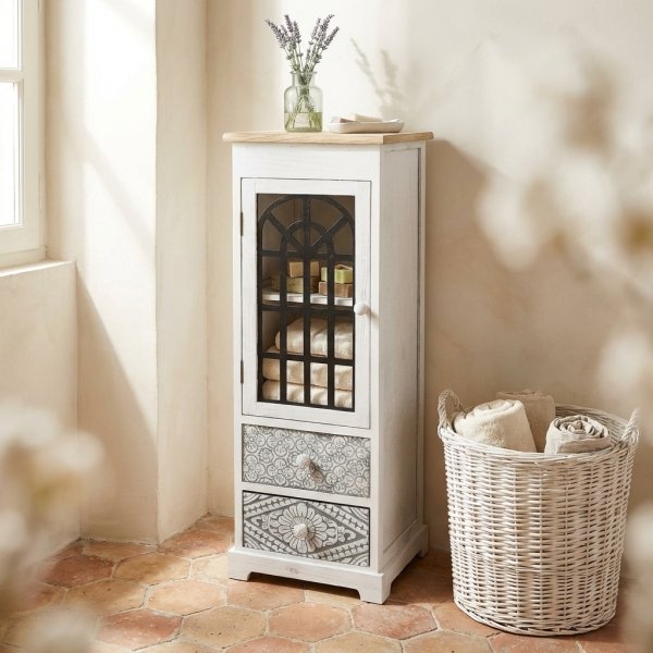 Mobiletto cassettiera 2 cassetti e anta in legno 32x29x88 cm bianco - LYRA