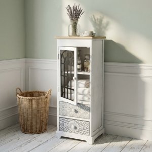 Mobiletto cassettiera 2 cassetti e anta in legno 32x29x88 cm bianco - LYRA