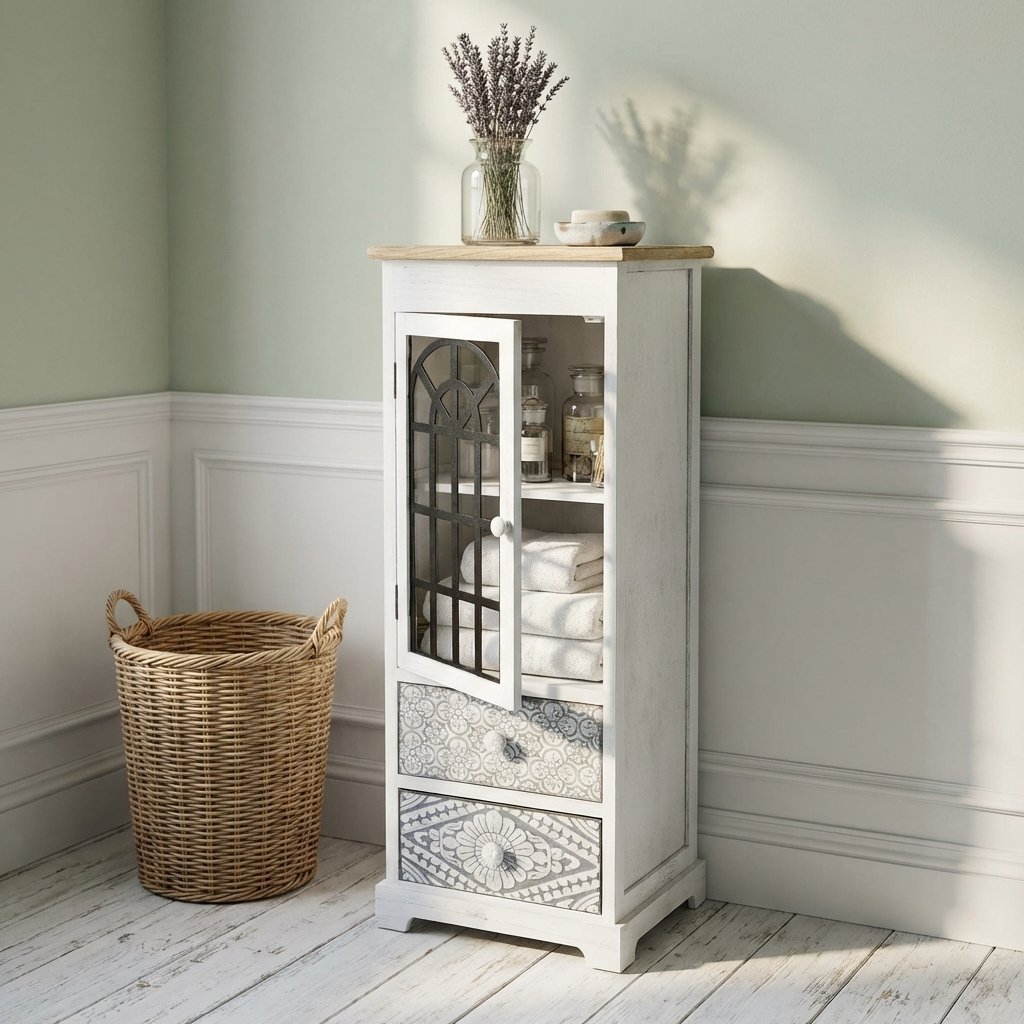Mobiletto cassettiera 2 cassetti e anta in legno 32x29x88 cm bianco - LYRA