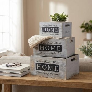 Set 3 cassette decorative in legno grigio vintage 36x28x18, 31x23x16, 26x18x14 cm - NEREUS