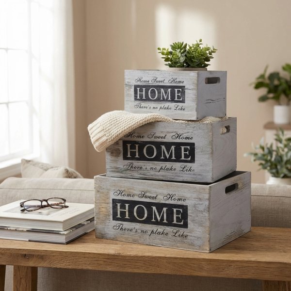 Set 3 cassette decorative in legno grigio vintage 36x28x18, 31x23x16, 26x18x14 cm - NEREUS