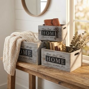 Set 3 cassette decorative in legno grigio vintage 36x28x18, 31x23x16, 26x18x14 cm - NEREUS