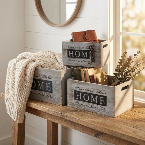 Set 3 cassette decorative in legno grigio vintage 36x28x18, 31x23x16, 26x18x14 cm - NEREUS