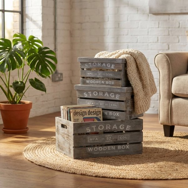 Set 3 cassette decorative in legno grigio 42x31x24, 36x25x20 e 30x19x16 cm - OSIRIS
