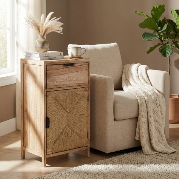 Comodino in legno naturale con cassetto e anta intrecciata 38x28x71,5 cm - PERONNOR