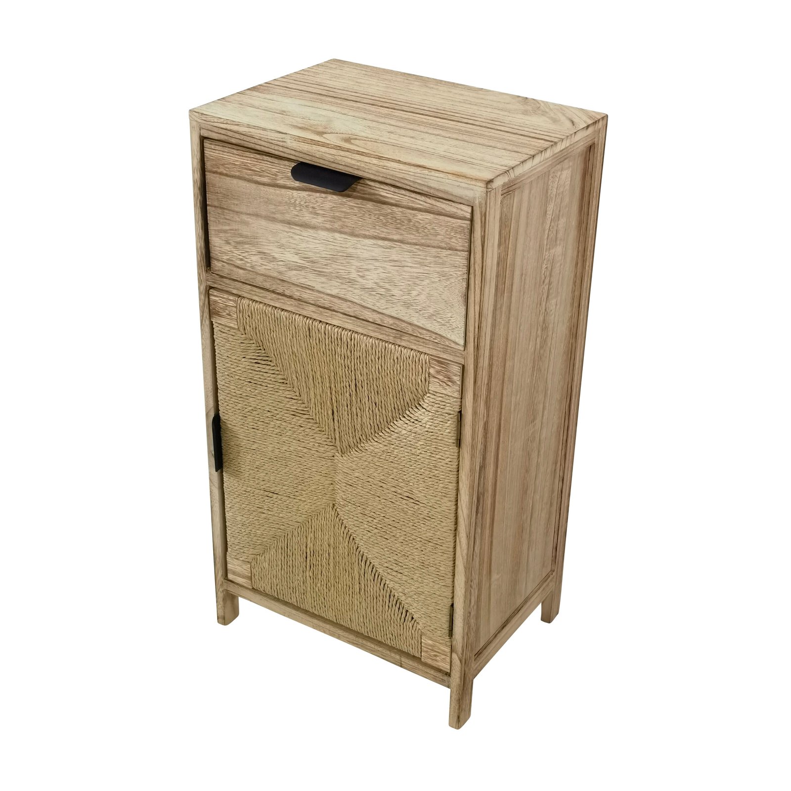 Comodino in legno naturale con cassetto e anta intrecciata 38x28x71,5 cm - PERONNOR Comodino in legno naturale con cassetto e anta intrecciata 38x28x71,5 cm - PERONNOR