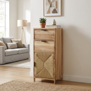 Mobiletto in legno con 2 cassetti e anta intrecciata stile boho 38x28x89,5 cm - PERONNOR Mobiletto in legno con 2 cassetti e anta intrecciata stile boho 38x28x89,5 cm - PERONNOR