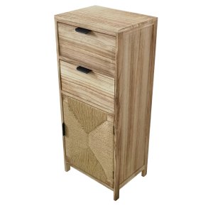 Mobiletto in legno con 2 cassetti e anta intrecciata stile boho 38x28x89,5 cm - PERONNOR Mobiletto in legno con 2 cassetti e anta intrecciata stile boho 38x28x89,5 cm - PERONNOR