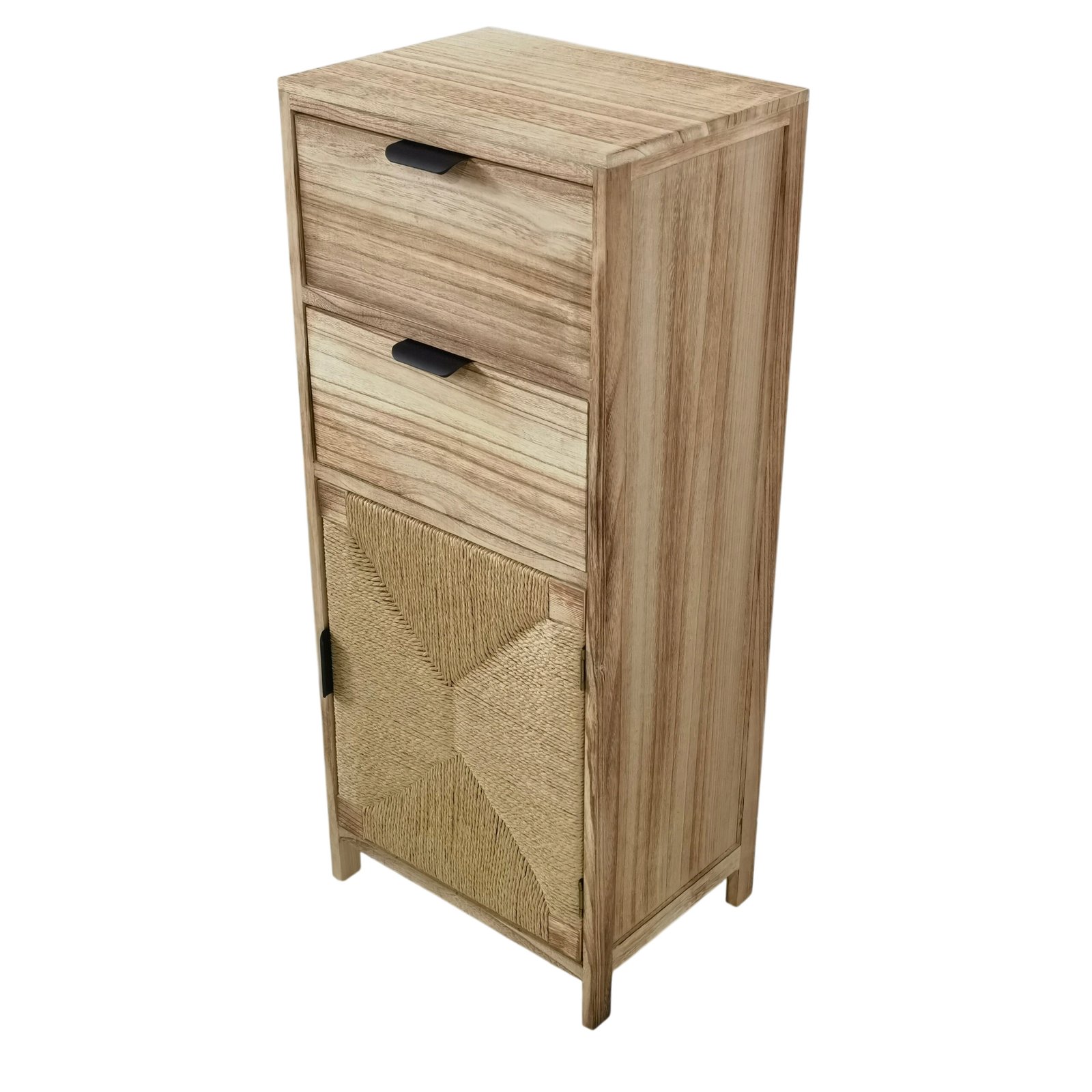 Mobiletto in legno con 2 cassetti e anta intrecciata stile boho 38x28x89,5 cm - PERONNOR Mobiletto in legno con 2 cassetti e anta intrecciata stile boho 38x28x89,5 cm - PERONNOR