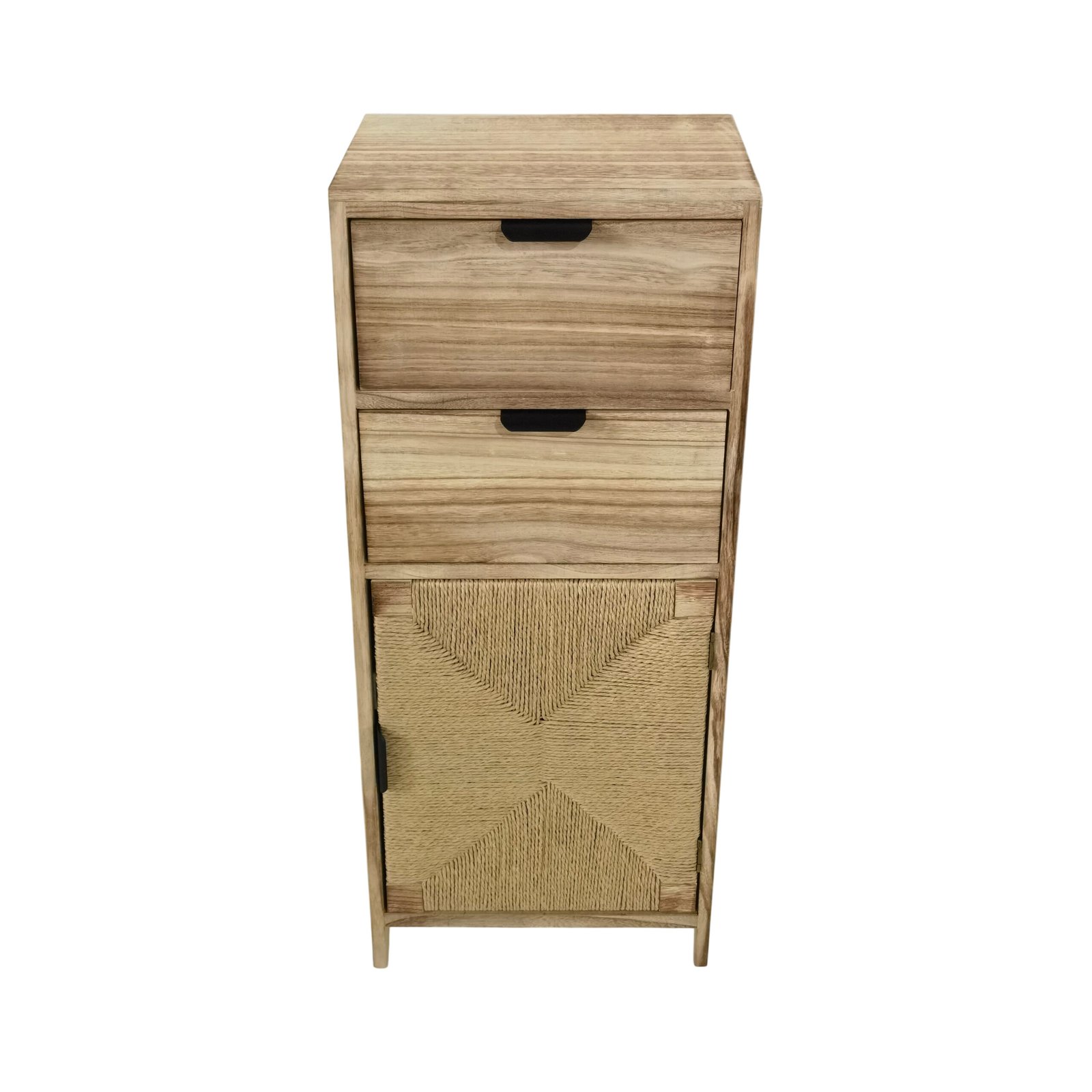 Mobiletto in legno con 2 cassetti e anta intrecciata stile boho 38x28x89,5 cm - PERONNOR Mobiletto in legno con 2 cassetti e anta intrecciata stile boho 38x28x89,5 cm - PERONNOR
