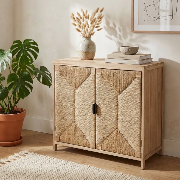 Mobiletto 2 ante in legno con frontali intrecciati in fibra naturale 74x35x70,5 cm - PERONNOR