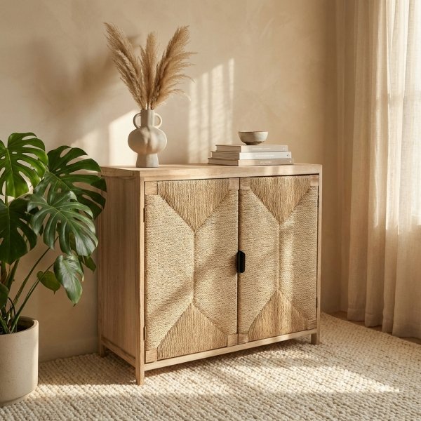 Mobiletto 2 ante in legno con frontali intrecciati in fibra naturale 74x35x70,5 cm - PERONNOR
