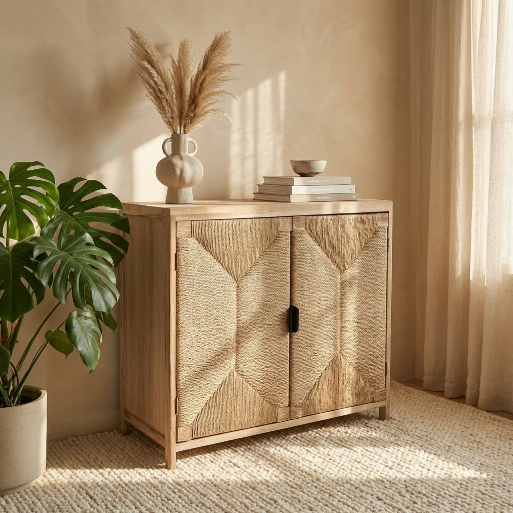 Mobiletto 2 ante in legno con frontali intrecciati in fibra naturale 74x35x70,5 cm - PERONNOR
