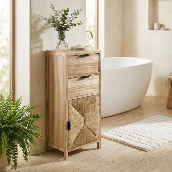 Mobiletto in legno con 2 cassetti e anta in intreccio naturale 34x25x78,5 cm - PERONNOR