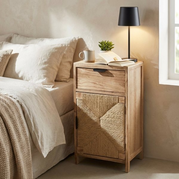 Comodino in legno con cassetto e anta intrecciata 34x25x64 cm naturale - PERONNOR