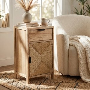 Comodino in legno con cassetto e anta intrecciata 34x25x64 cm naturale - PERONNOR Comodino in legno con cassetto e anta intrecciata 34x25x64 cm naturale - PERONNOR