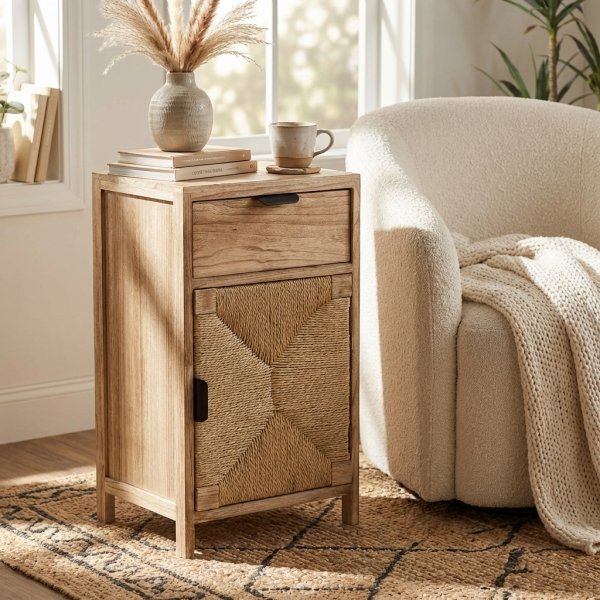 Comodino in legno con cassetto e anta intrecciata 34x25x64 cm naturale - PERONNOR
