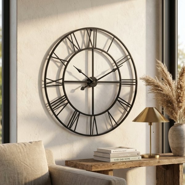 Orologio da parete grande in metallo nero con numeri romani 60 x 60 cm - ISIVIA