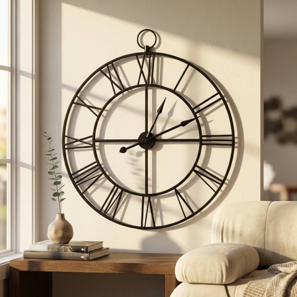 Orologio da parete grande in metallo nero con numeri romani 80x80 cm - ISIVIA