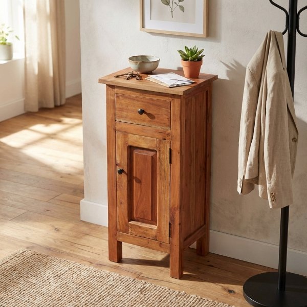 Mobiletto in legno di mogano con cassetto e anta stile rustico 36x25x80 cm - FALINCUS