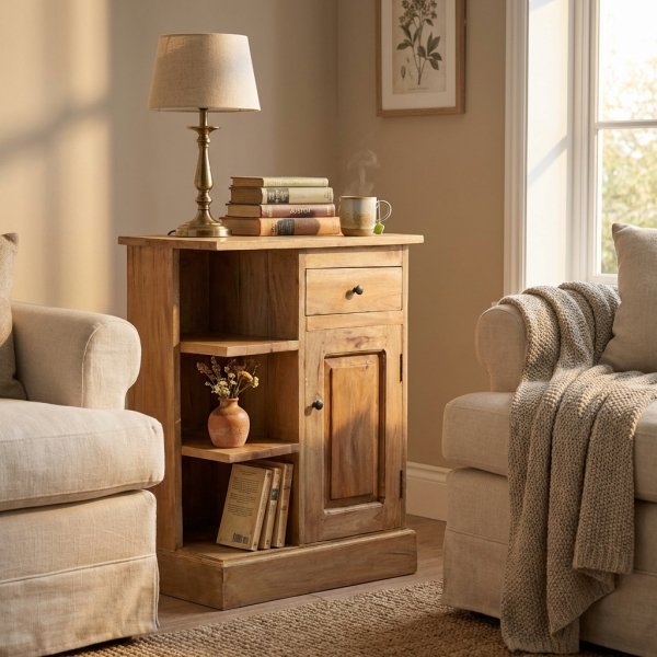 Mobiletto in legno di mogano con cassetto, anta e ripiani 61x35x77 cm - YORANMIRA