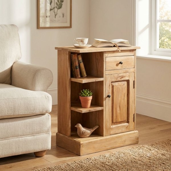 Mobiletto in legno di mogano con cassetto, anta e ripiani 61x35x77 cm - YORANMIRA