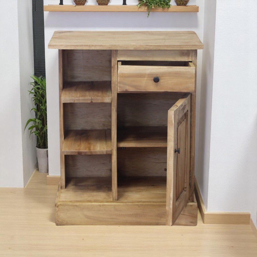 Mobiletto in legno di mogano con cassetto, anta e ripiani 61x35x77 cm - YORANMIRA