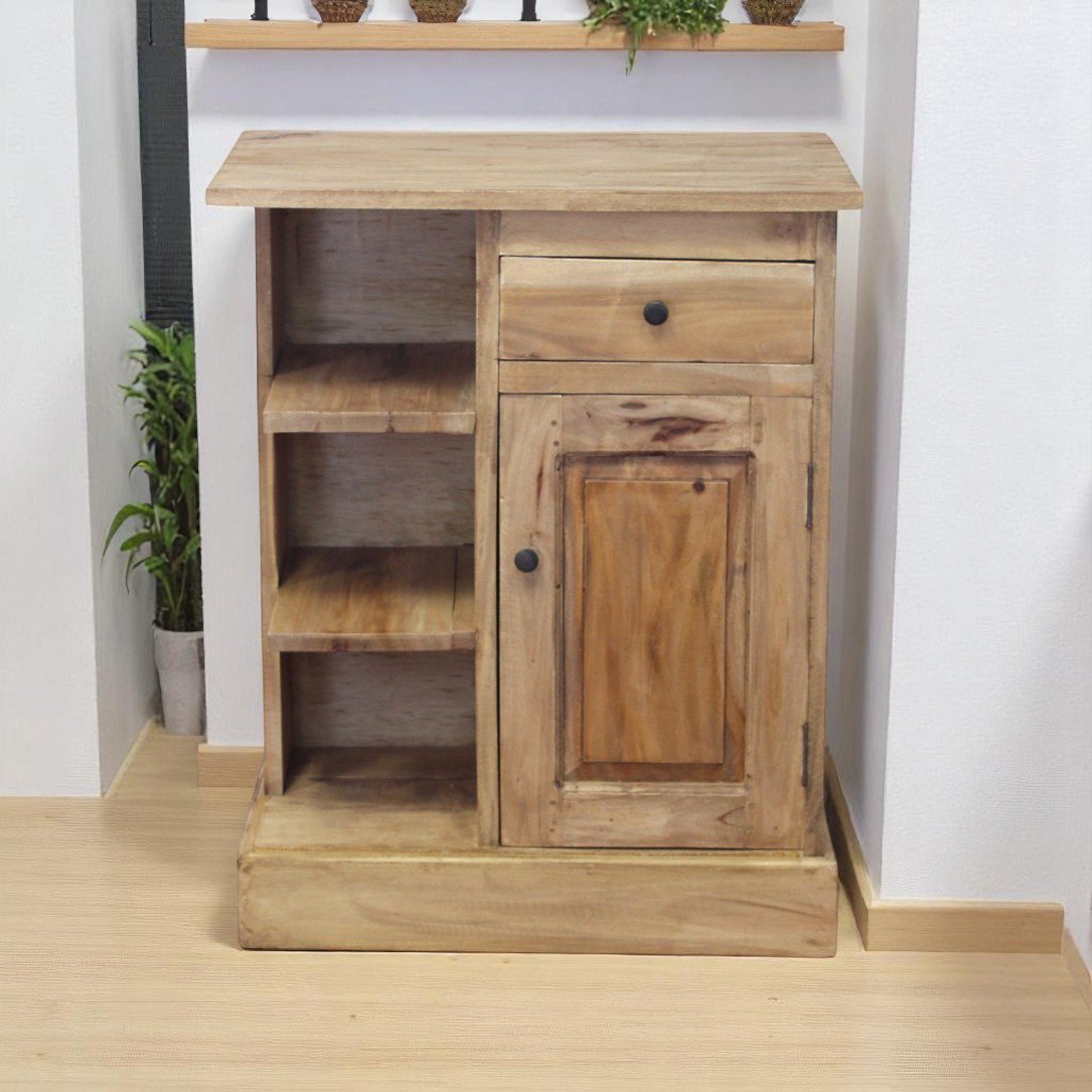 Mobiletto in legno di mogano con cassetto, anta e ripiani 61x35x77 cm - YORANMIRA